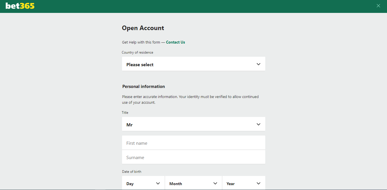 A form for signing up on Bet365