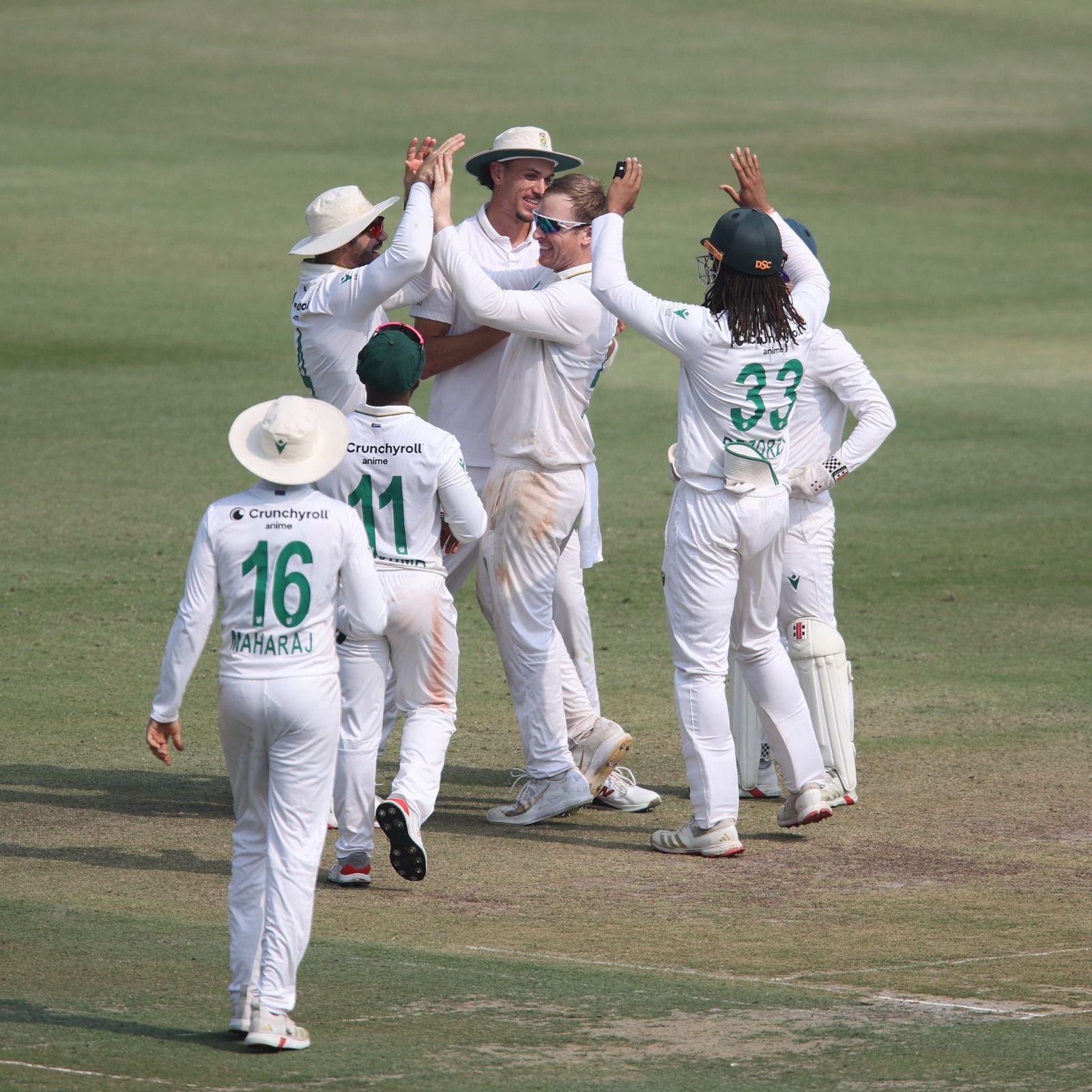 BRILLANT PERFORMANCE: Marco Jansen celebrates a wicket with his teammates. @ProteasMenCSA/X