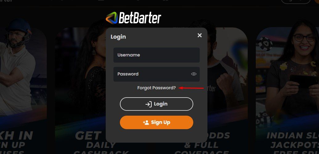 Betbarter forget password page image