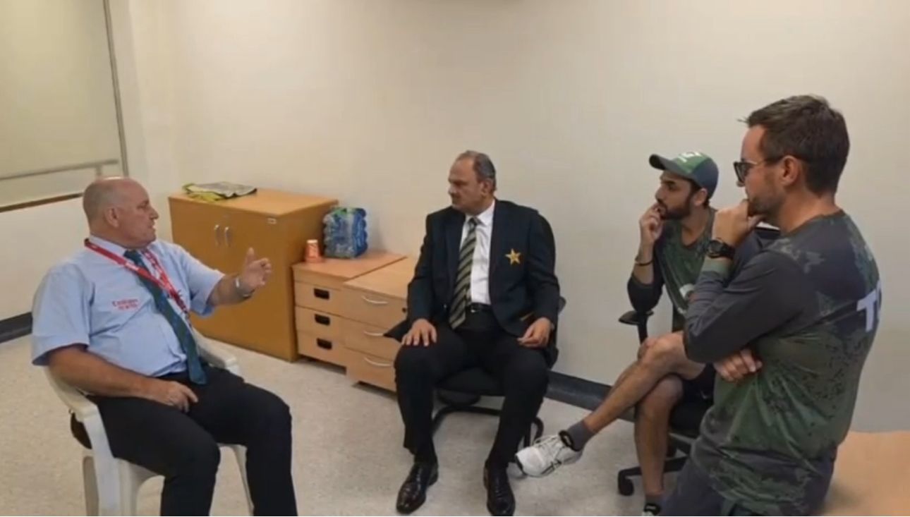 Match Refree Andy Pycroft, Pakistan manager Naveed Akram Cheema, coach Mike Hesson and captain Salman Ali Agha in a discussion before the match.