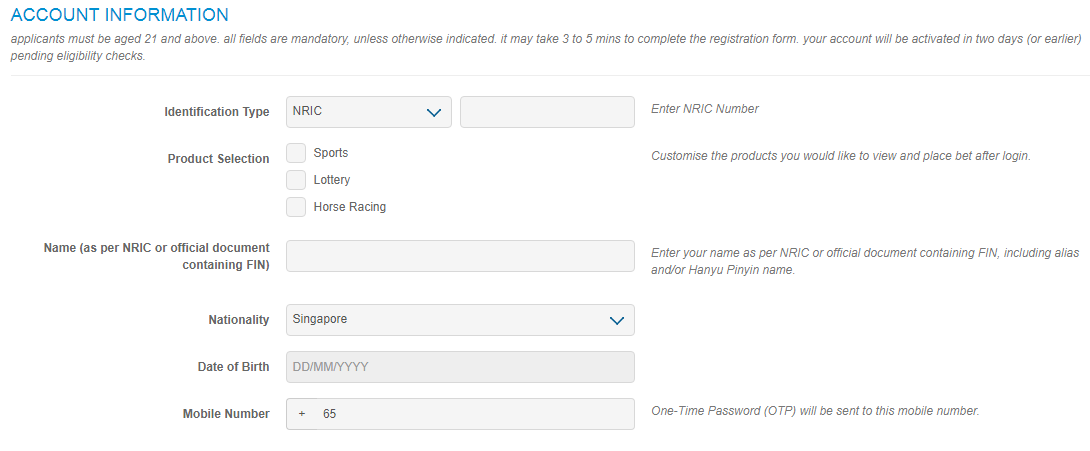 An image of the Singaporepools sportsbook sign-up form