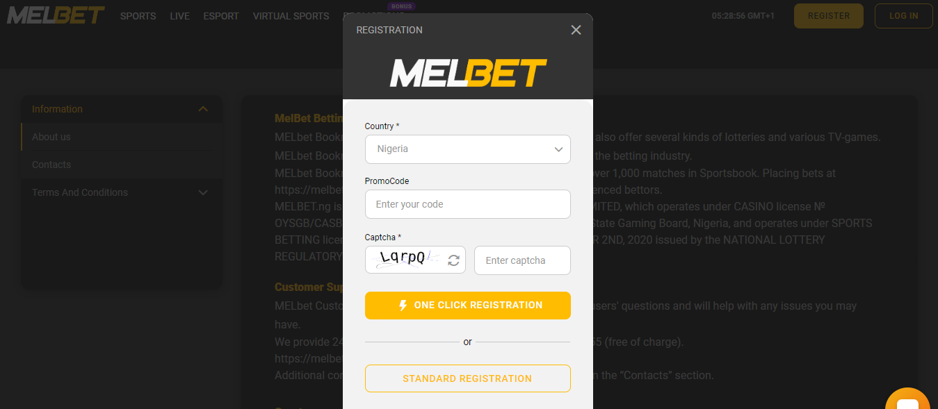 Melbet Nigeria registration form pop-up