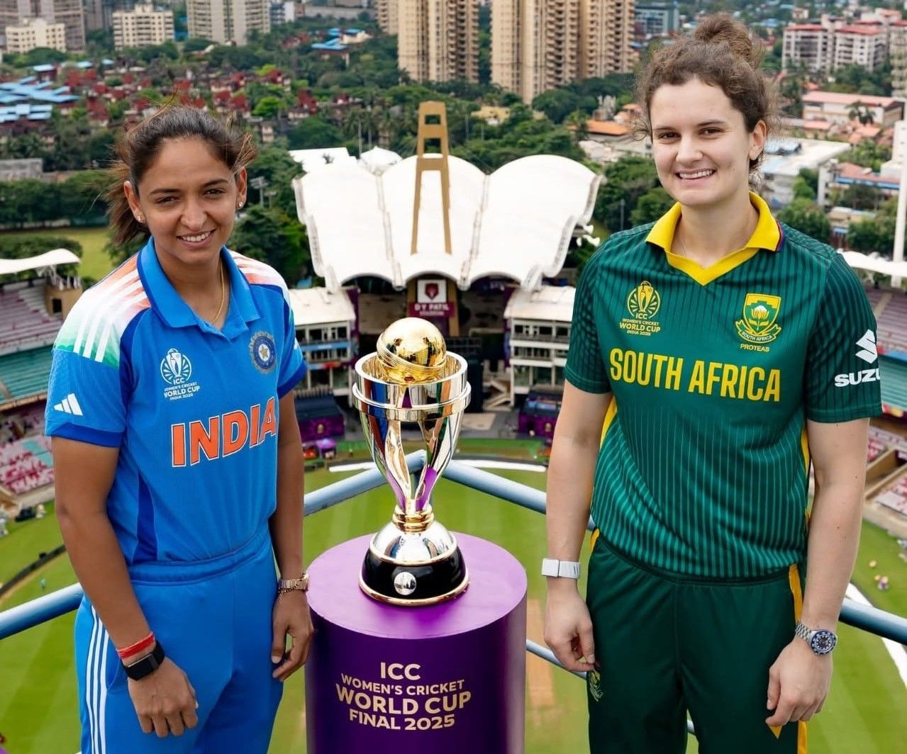 Two Captains, One Dream: India captain Harmanpreet Kaur and South Africa captain Laura Wolvaardt pose with the ICC Women's Cricket World Cup 2025 Trophy. @BCCI Two Captains, One Dream: India captain Harmanpreet Kaur and South Africa captain Laura Wolvaardt pose with the ICC Women's Cricket World Cup 2025 Trophy. @BCCI
