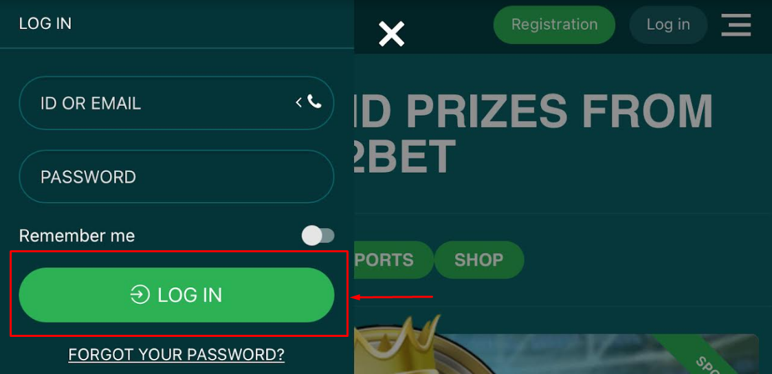 An image of the 22Bet Ghana finish login page