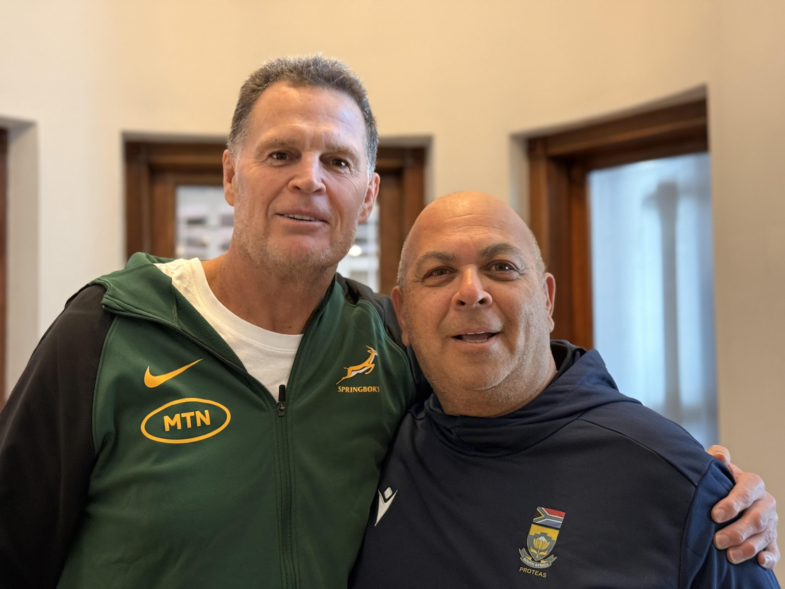 Springbok Coach Rassie Erasmus with Proteas Coach Shukri Conrad Meet ahead of the WTC final.
