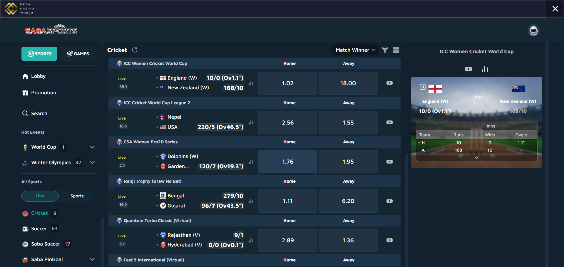 MCW cricket betting options