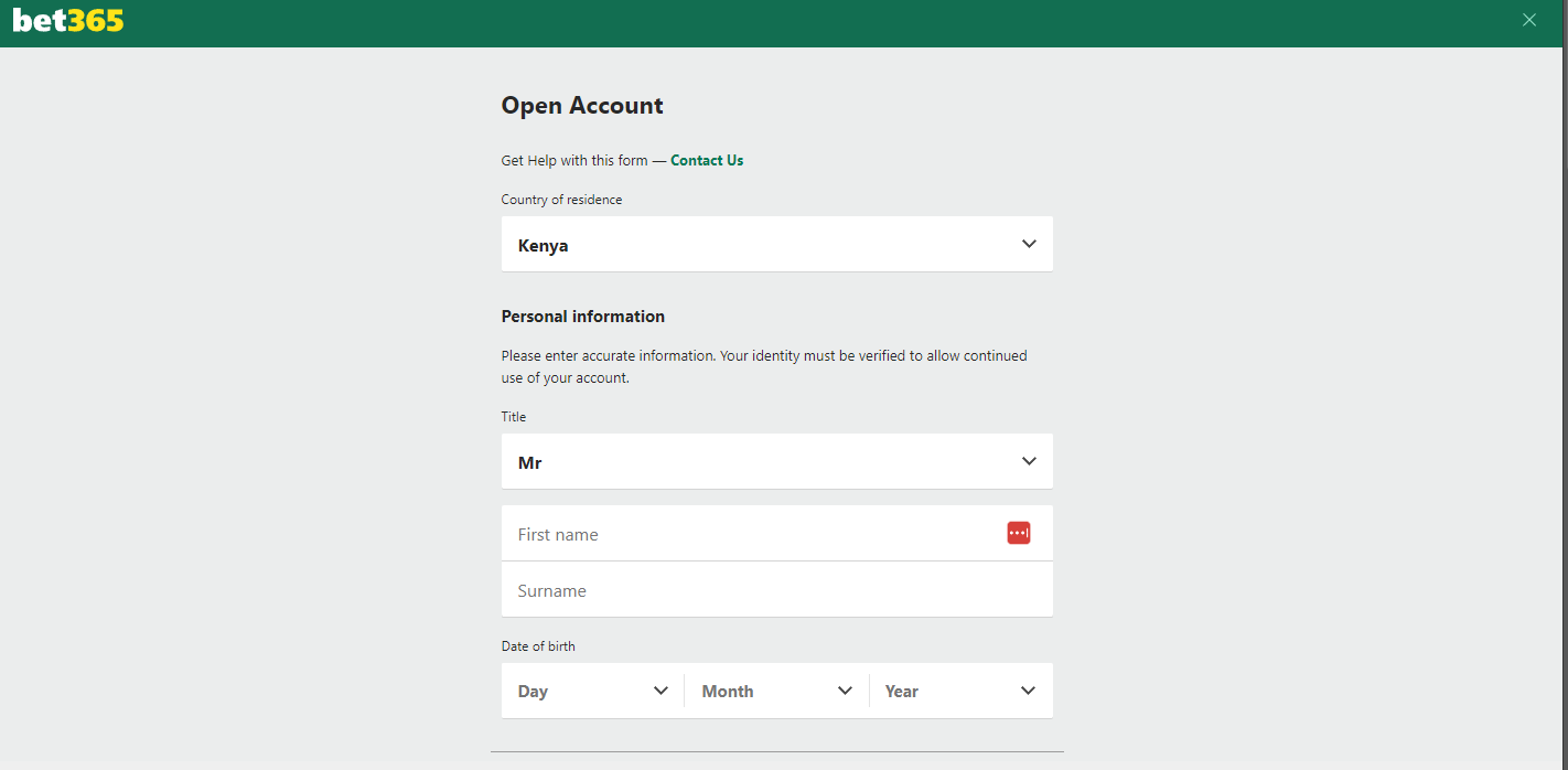 Bet365 sign up form