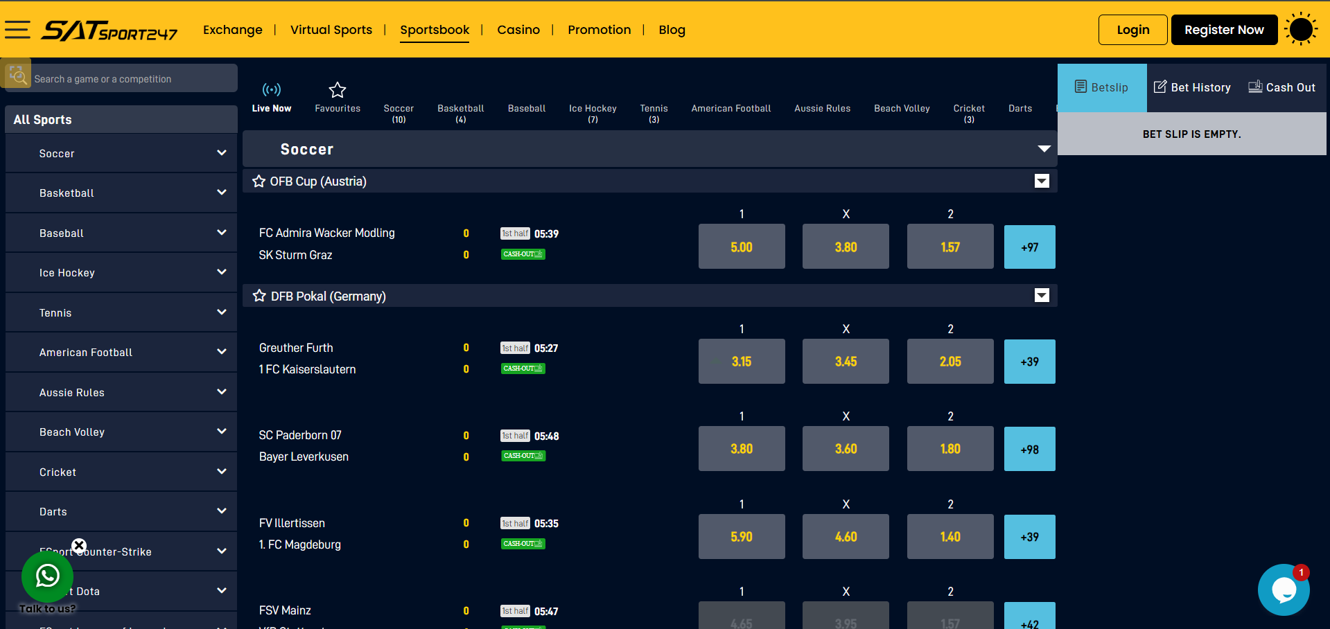 Betting interface of Satsport
