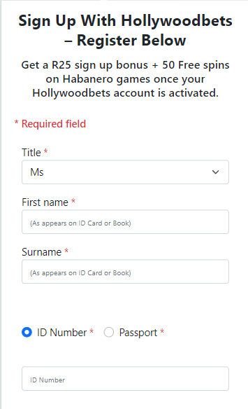 Hollywoodbets mobile app registration process image