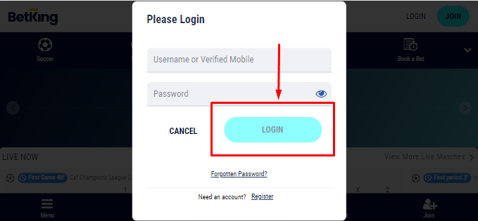 An image of the Betking Nigeria complete login page