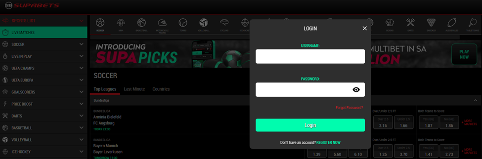 Supabets Desktop Login Page