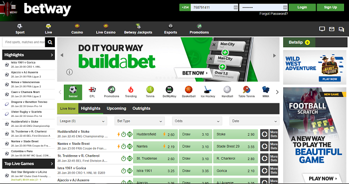 The homepage of Betway betting site