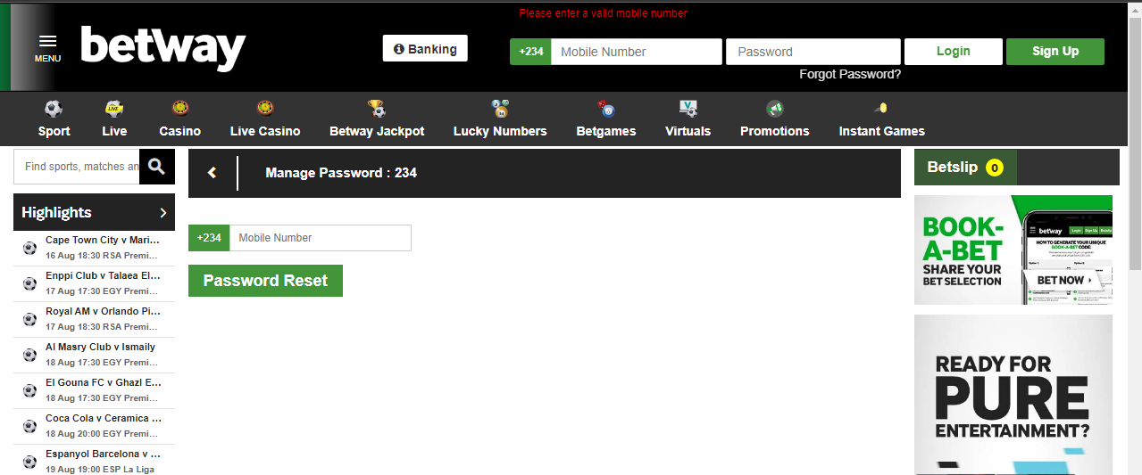 An image of the Betway Nigeria forget password page