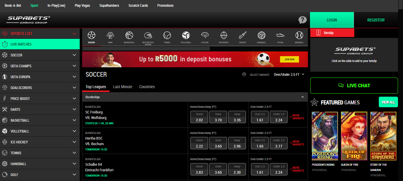 Home page of the web version of Supabets site.