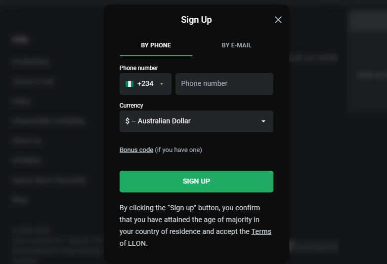An image of the Leon sign-up form by phone