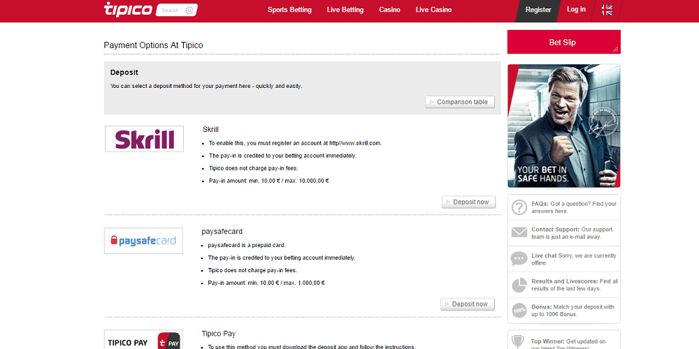 Different payment methods on the platform