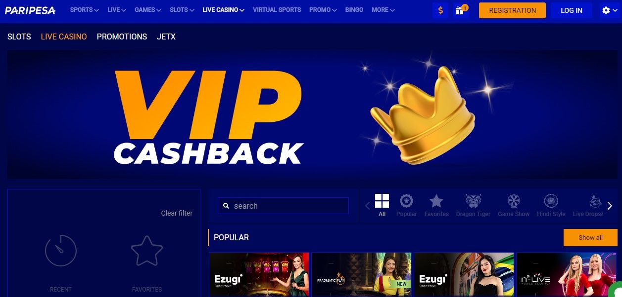 Image shows Paripesa online Casino games page