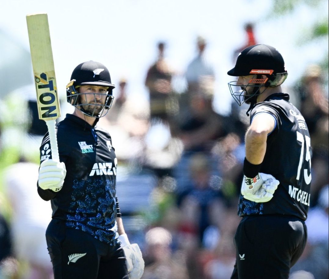 Devon Conway (left) celebrates his fifty with Daryl Mitchell during New Zealand's nine-run win against the West Indies at the Saxton Oval in Nelson on Sunday. @BLACKCAPS/X Devon Conway (left) celebrates his fifty with Daryl Mitchell during New Zealand's nine-run win against the West Indies at the Saxton Oval in Nelson on Sunday. @BLACKCAPS/X