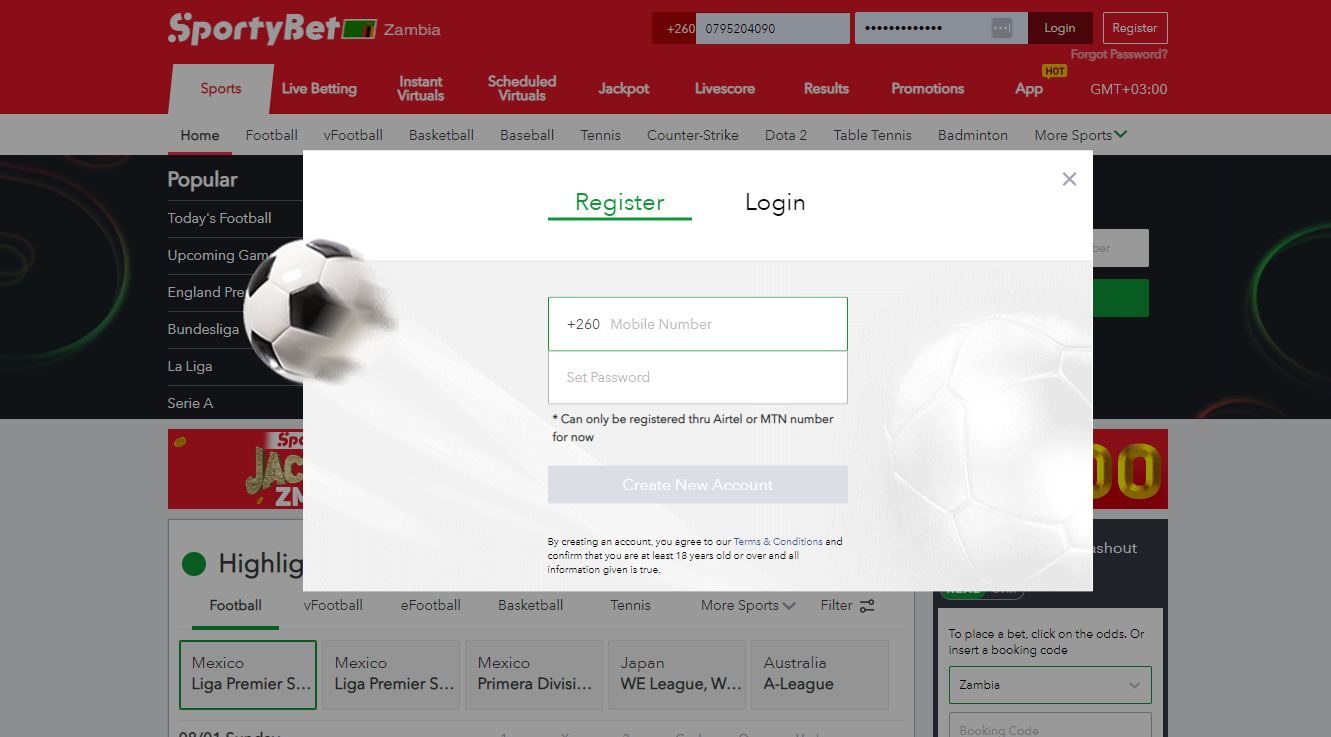 Creating an account on Sportybet