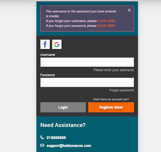 BetBonanza Login page
