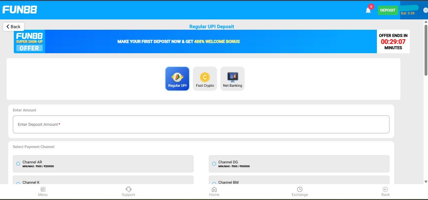 Fun88 Payment Options Screen Fun88 Deposit Screen for India