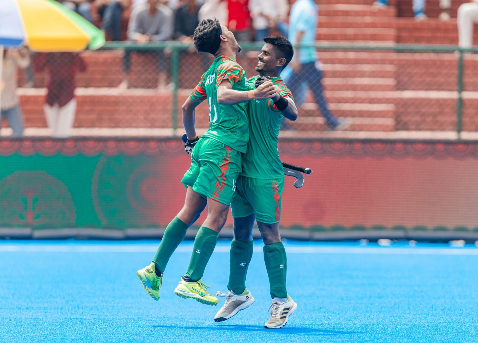 Bangladesh players celebrate a goal against Chinese Taipei. @Hockey India