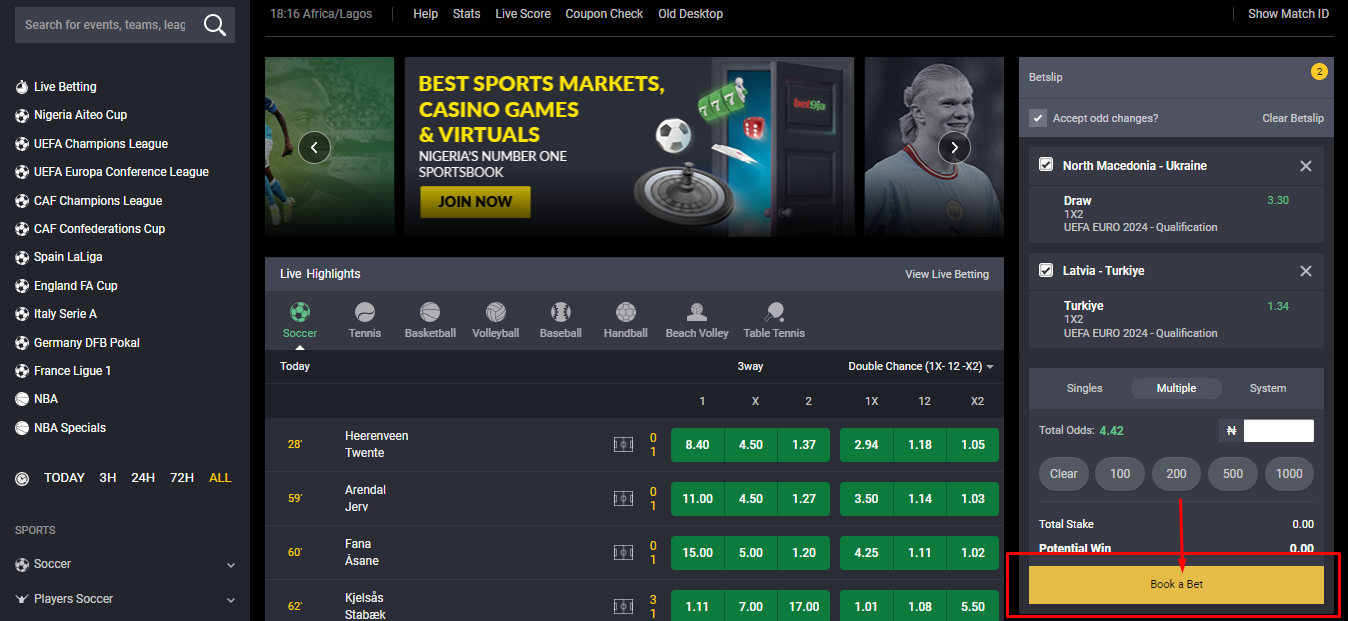 An image of Bet9ja book a bet page