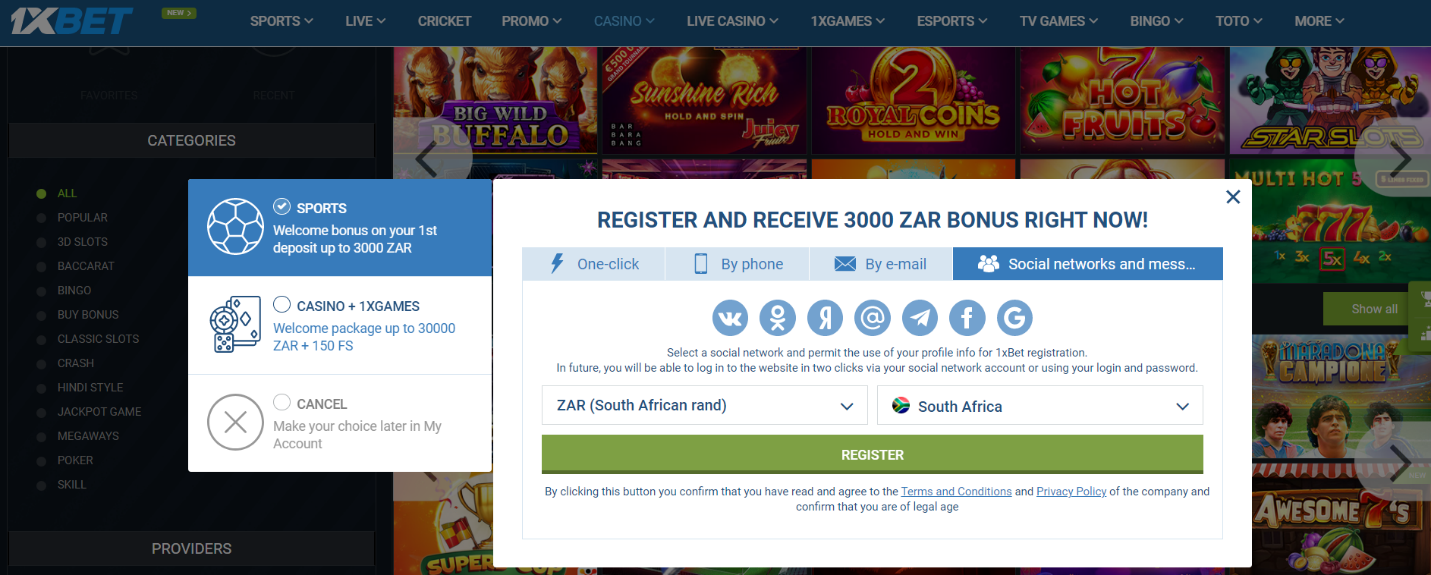 An image of the 1xBet sign-up form by Social Networks