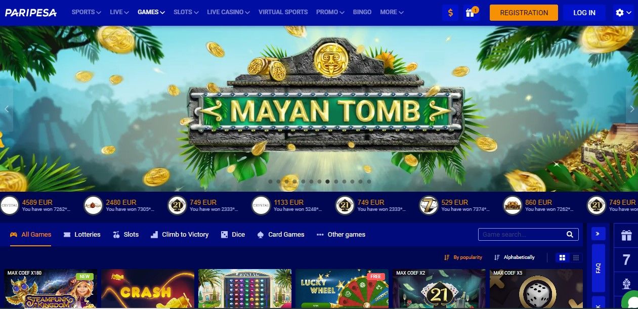 Image shows Paripesa Casino games page