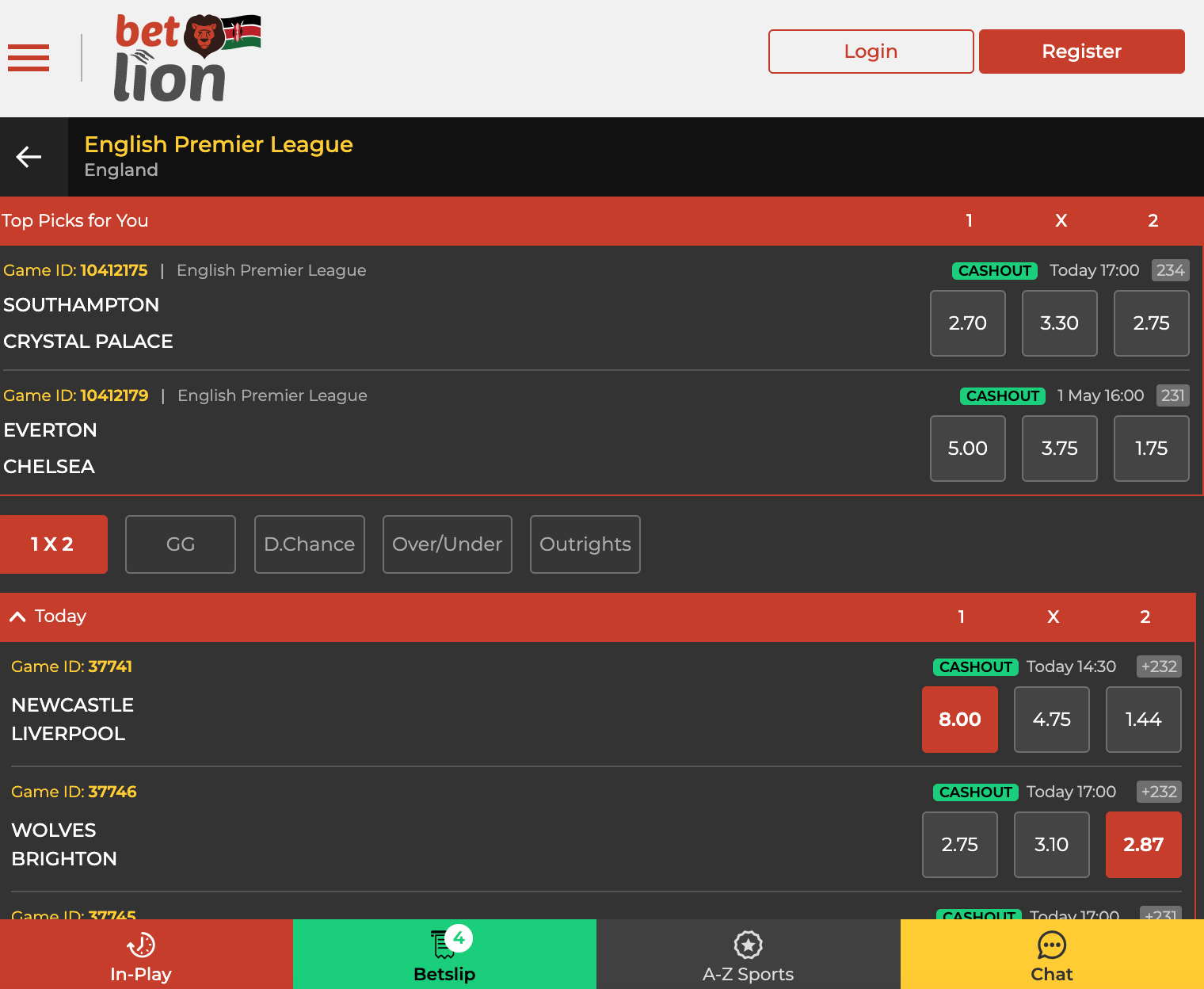 BetLion betslip Picture showing a players selection of matches to wager on