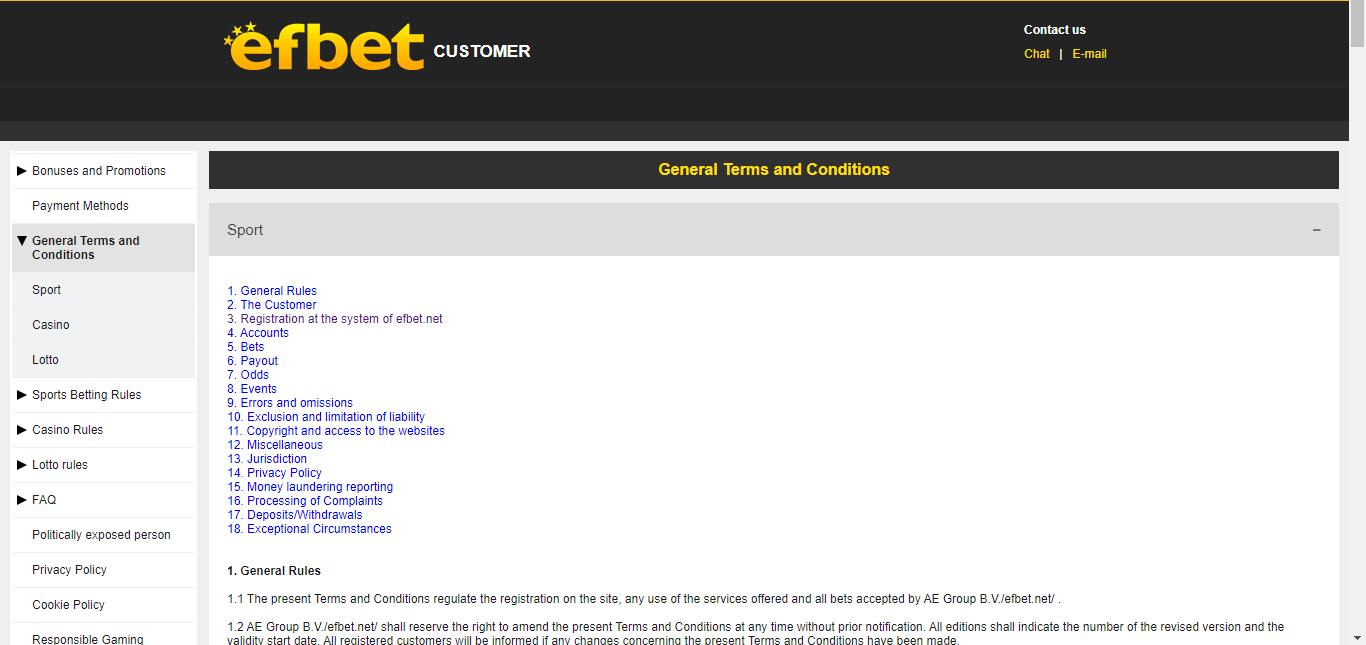 Efbet terms and condition page