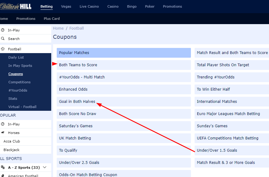 A screenshot of the William Hill coupon page with different coupons