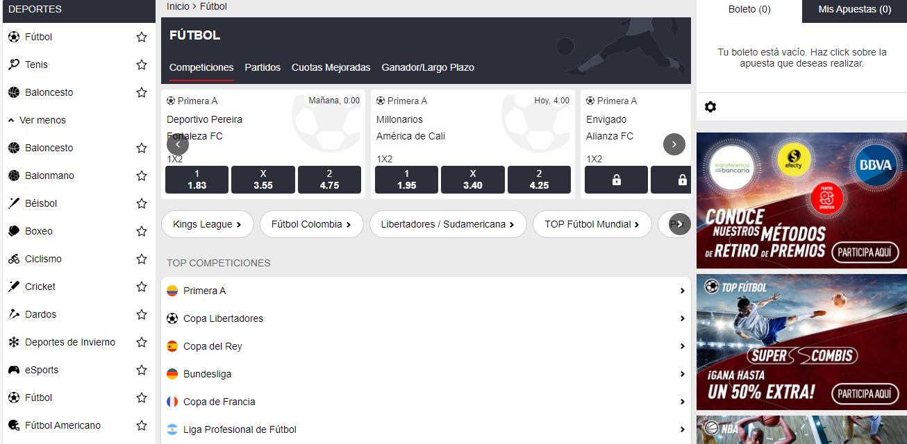 Página Sportium Colombia.