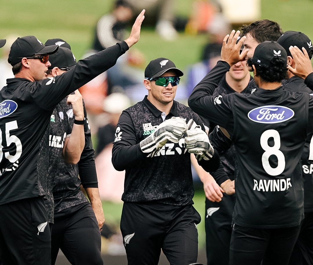 New Zealand players celebrate the fall of a wicket as they bundle out England for 175 in the second ODI of the three-match series in Hamilton. @BLACKCAPS/X