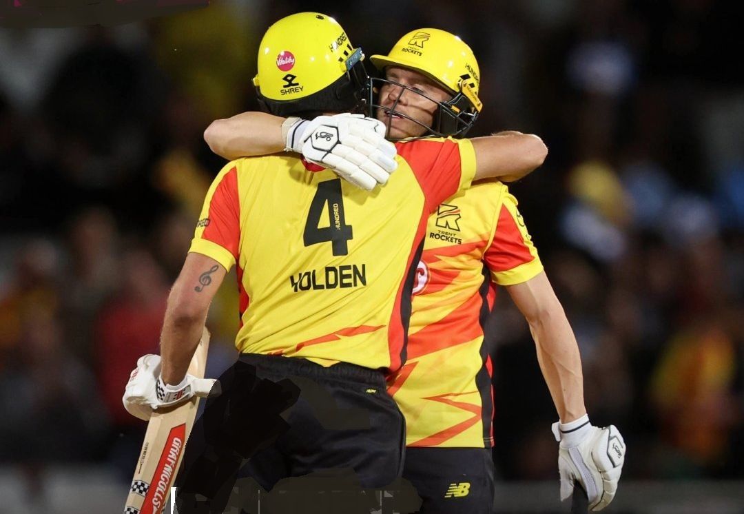Trent Rockets players celebrate their victory over Birmingham Phoenix in the Men's Hundred at Trent Bridge, in Notthingham. @The Hundred/X