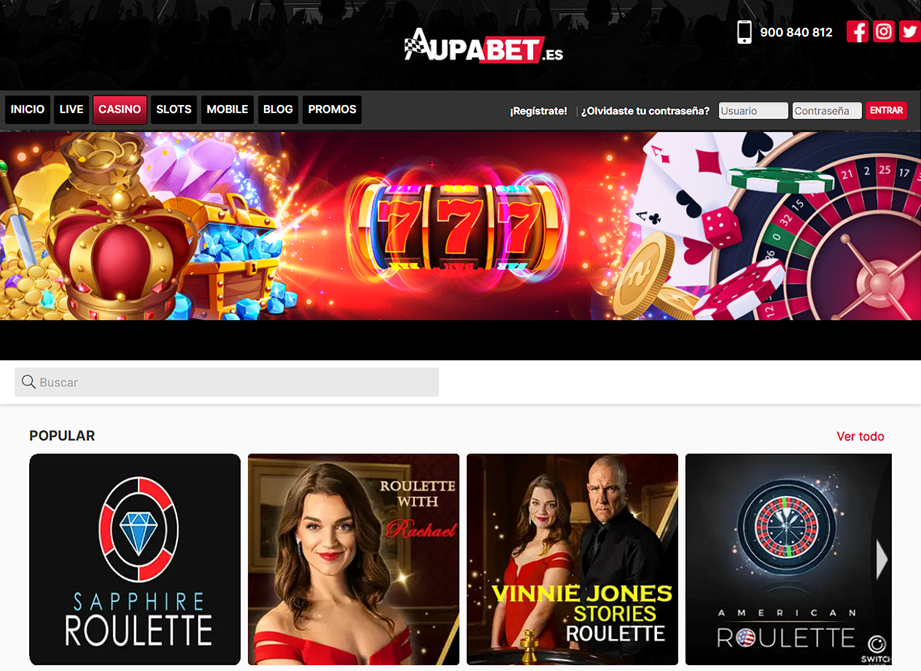 Sección de casino en línea de Aupabet