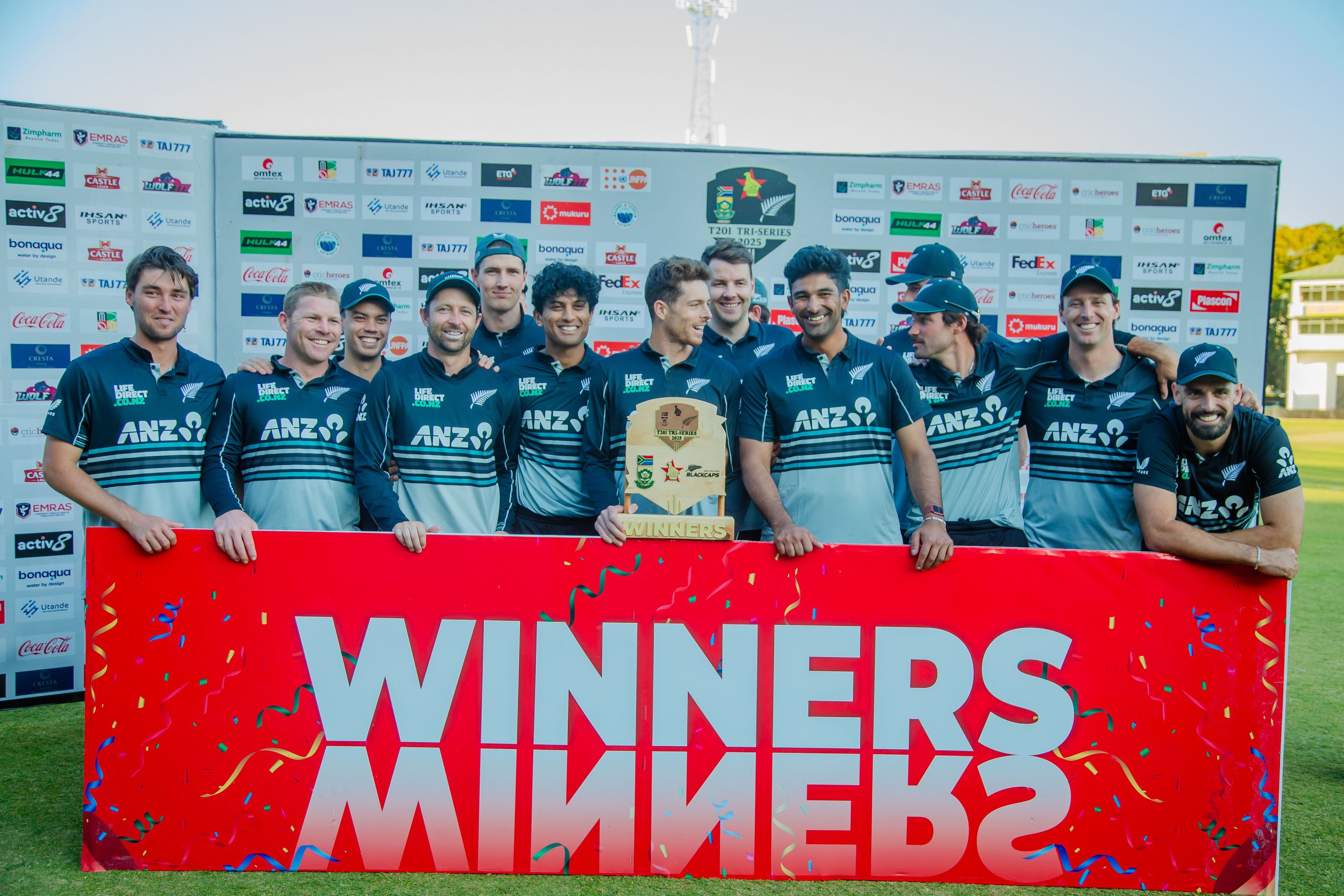 New Zealnd players celebrate with the trophy. @BLACKCAPS/X New Zealnd players celebrate with the trophy. @BLACKCAPS/X