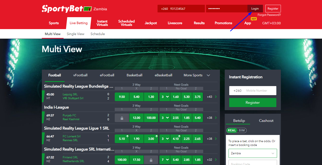 Sportybet login button to submit your details.