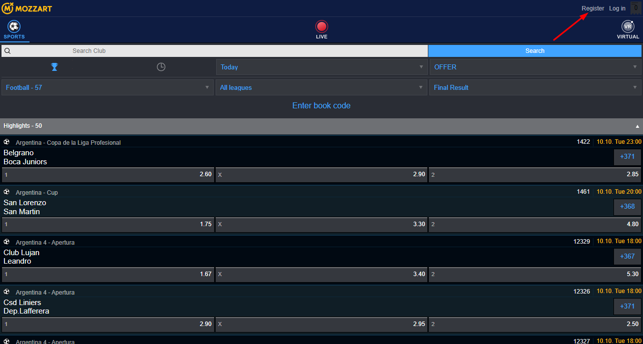 Click on the Register Section