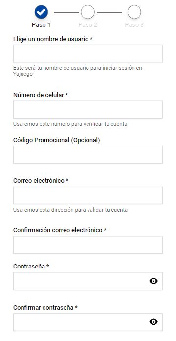 El formulario de registro de Yajuego