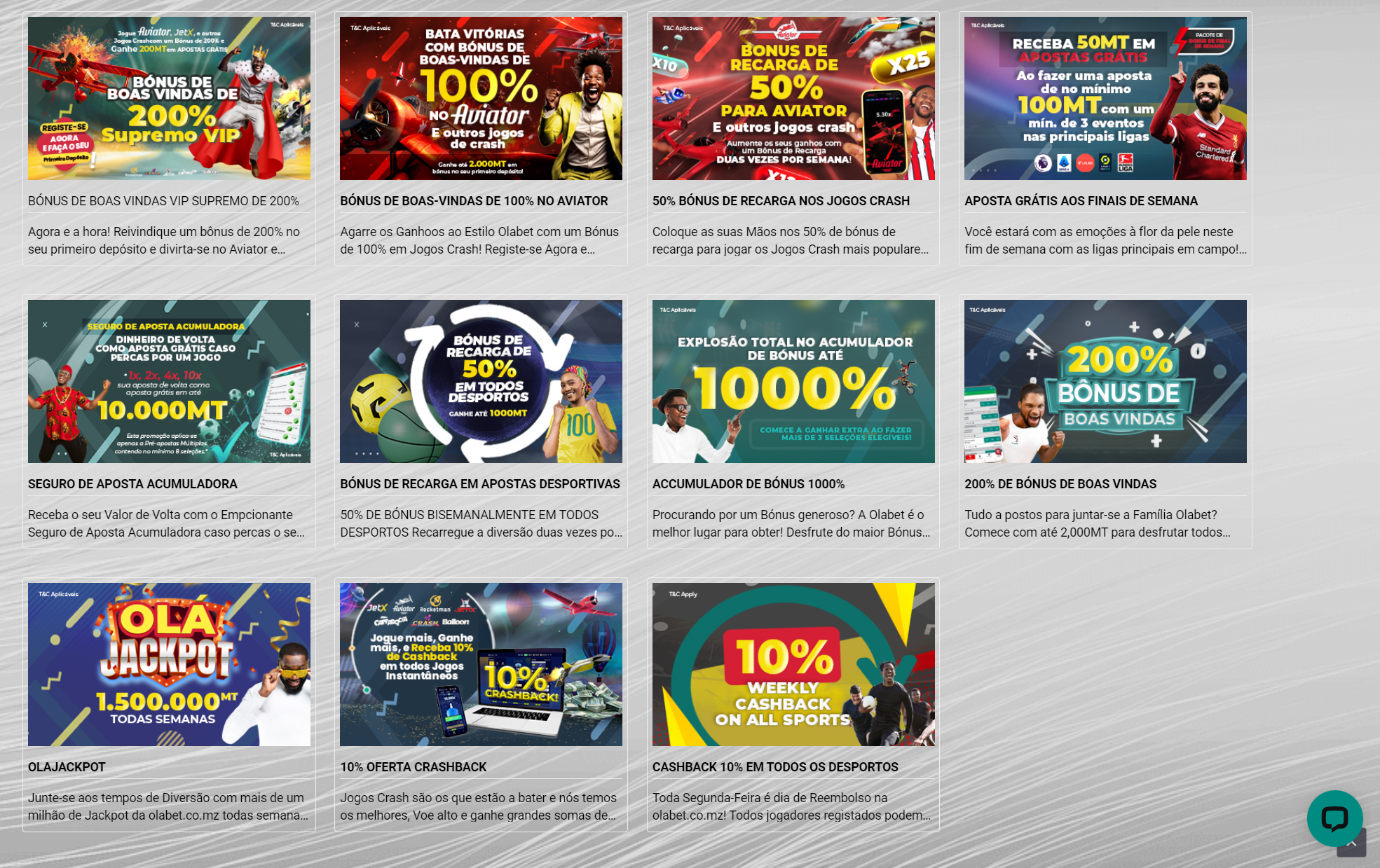Captura de ecrã da secção ‘promoções’ do site da Olabet