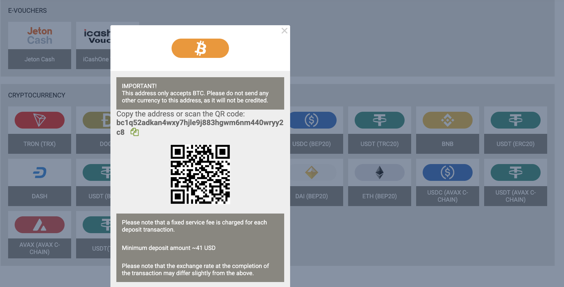 Deposit section at MegaPari showing various crypto deposit methods including BTC