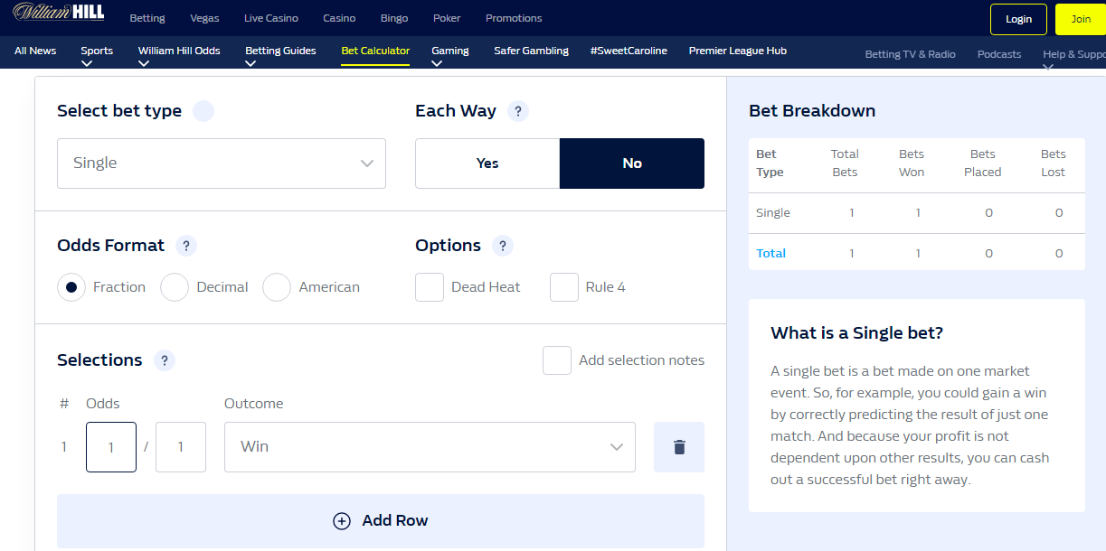 An image of the William Hill Bet Calculator