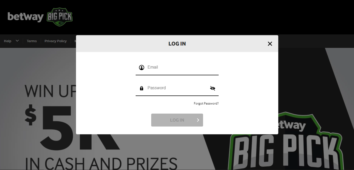An image of the Betway login popup page