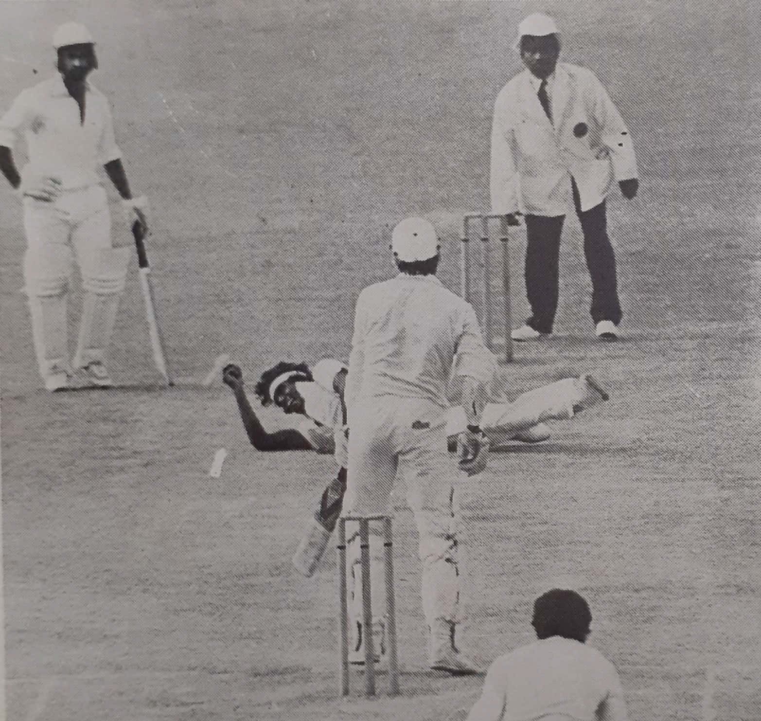 File photo of Rumesh Rathnayake who took nine wickets in the game including a tumbling return catch off Kapil Dev to give Sri Lanka their maiden Test win. @SLC