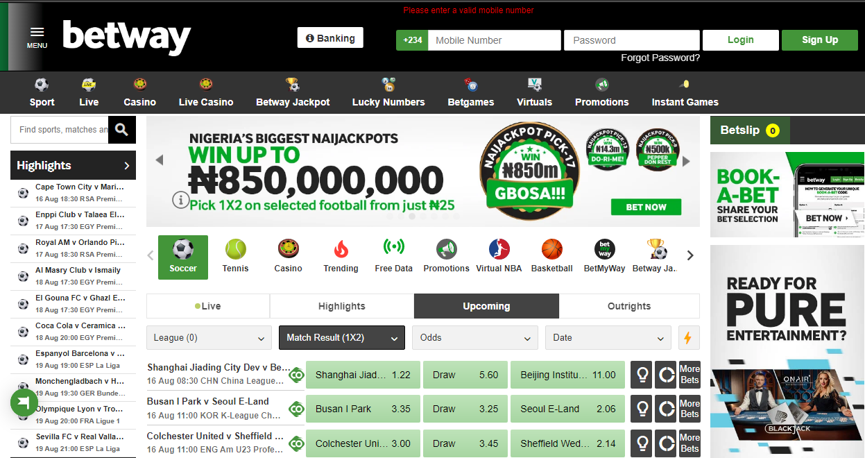 Image of the Betway South Africa homepage