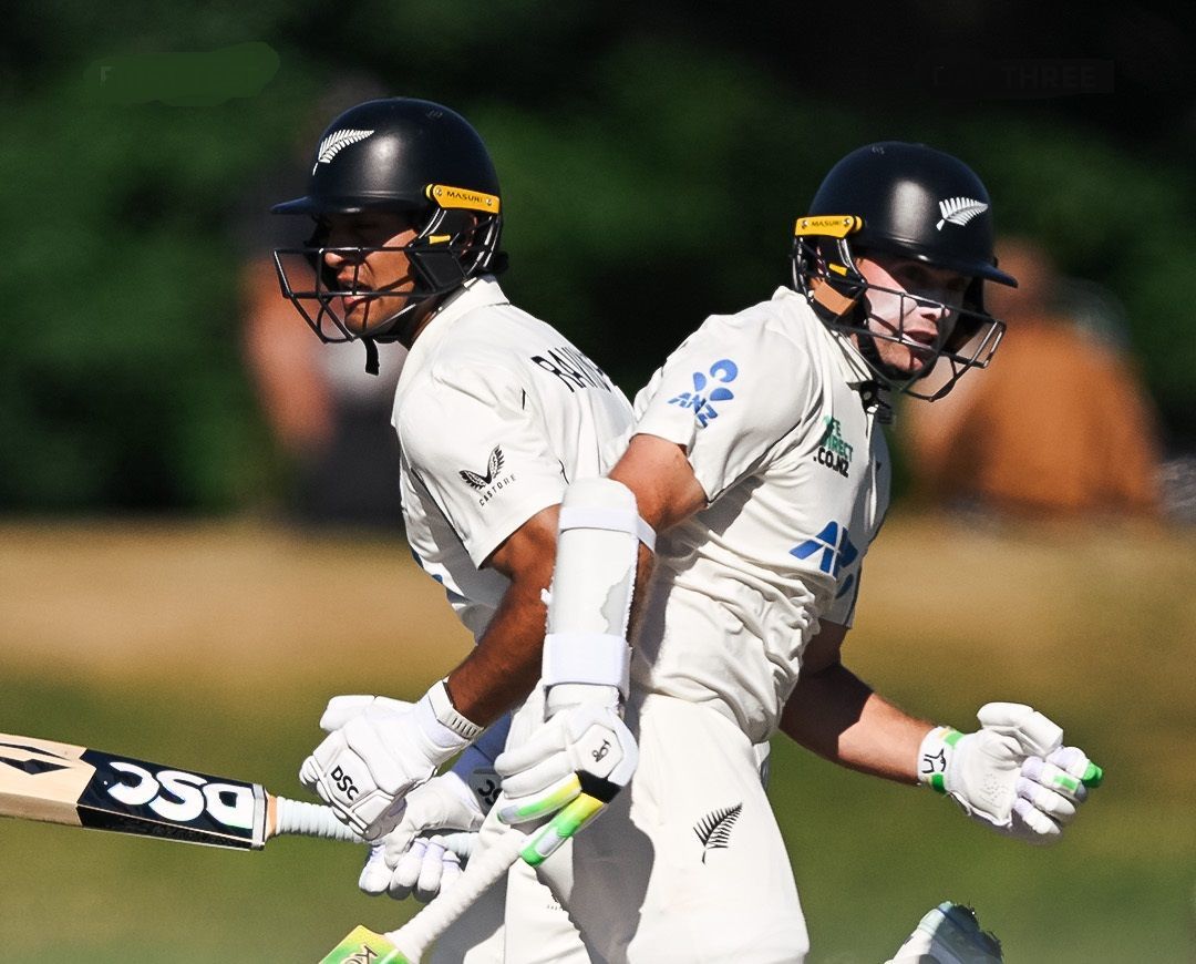 DOUBLE TROUBLE: Skipper Tom Latham and all-rounder Rachin Ravindra slam tons. @BLACKCAPS/X