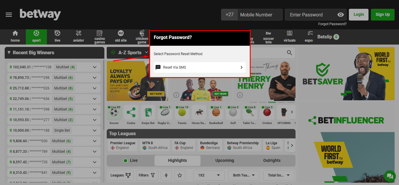 Betway SA Reset Password Via Registerd Number Image