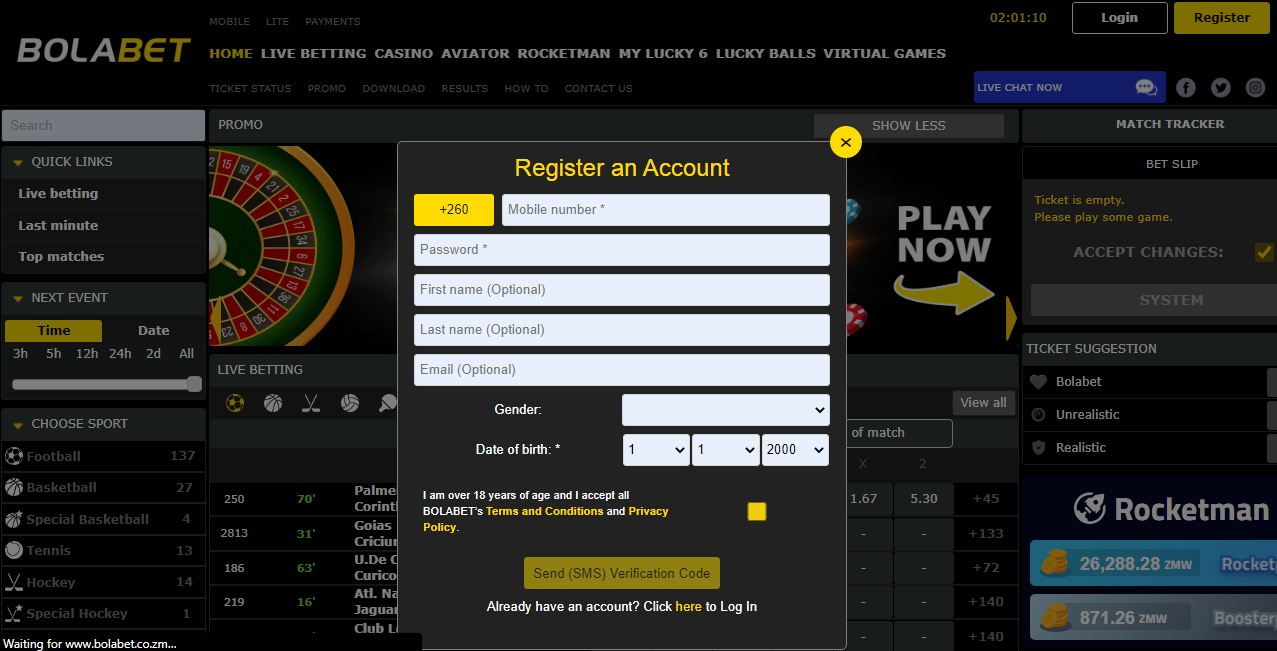 An image of the Bolabet register form page