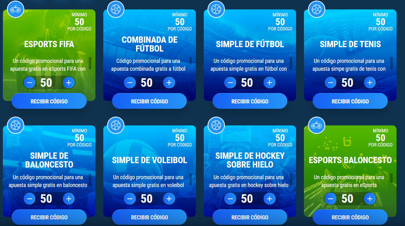 Un screenshot de algunos códigos promocionales que 1xBet México ofrece